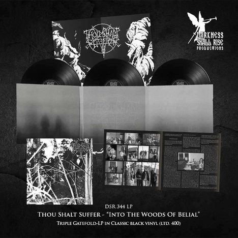 DSR 344 LP. Thou Shalt Suffer – "Into the Woods of Belial". Triple Gatefold-LP in Schwarz (limitiert auf 400 Stück). Links oben ein dunkel gehaltenes, mystisches Cover mit Platten. Rechts ein schwarzes Logo mit einem Engel und Text.