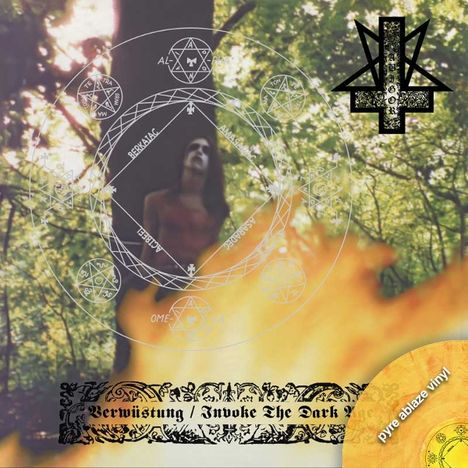 „Verwüstung / Invoke The Dark Age“ steht auf einem verzierten Banner. Mystische Symbole, ein Waldhintergrund, Flammen.