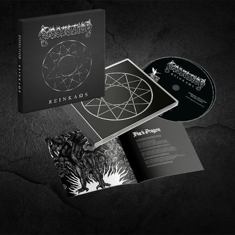 Albumcover "REINKAΩS" von Dissection. Schwarzes CD-Cover mit symbolischem Kreis und Booklet mit Drachen-Illustration.