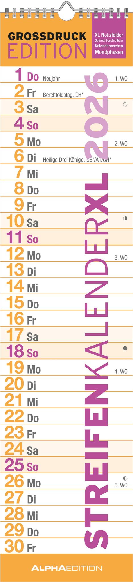 GROSSDRUCK Streifenplaner XL 2026 - Streifenkalender - Wandplaner - Küchen-Kalender - 15x64, Kalender