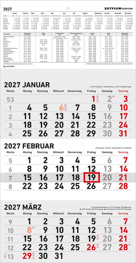 2027 Kalender. Feiertage markiert. Januar bis März. Wichtig: 6. Januar, 19. Februar, 8. und 29. März. „Zettler“ Logo oben rechts.