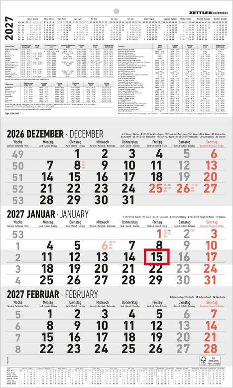 Kalender für 2026/2027. Dezember bis Februar. Wochentage und Datum. 15. Januar rot markiert.