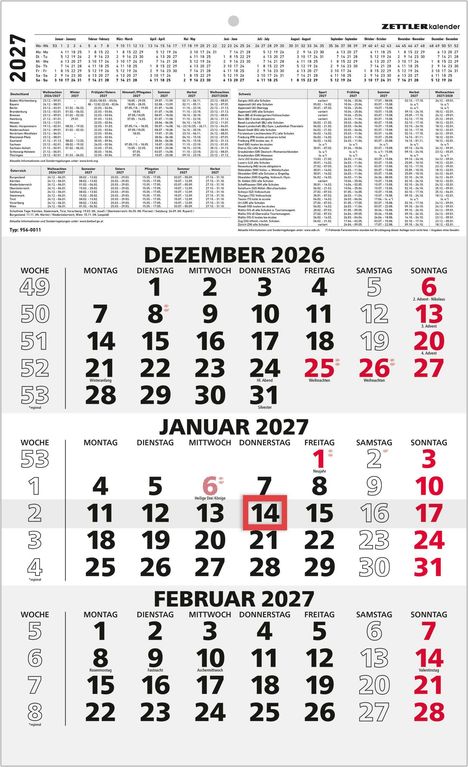 Kalender 2027 mit Monatsübersicht. Dezember 2026 bis Februar 2027. Feiertage rot markiert, 14. Januar hervorgehoben.