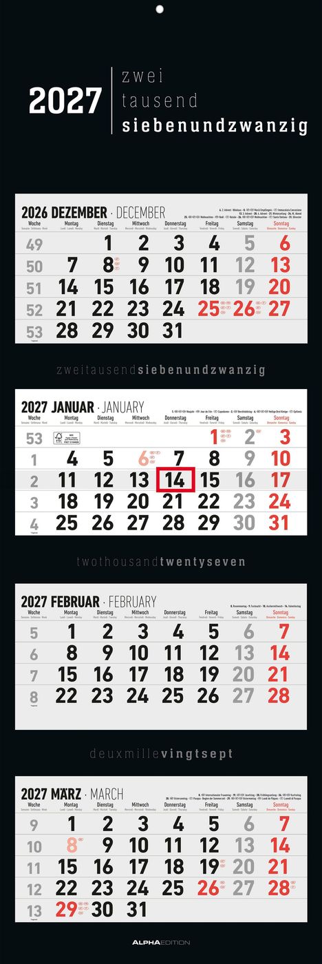 2027, zwei tausend siebenundzwanzig. Kalender für Dezember 2026 bis März 2027. Einige Daten sind rot markiert.