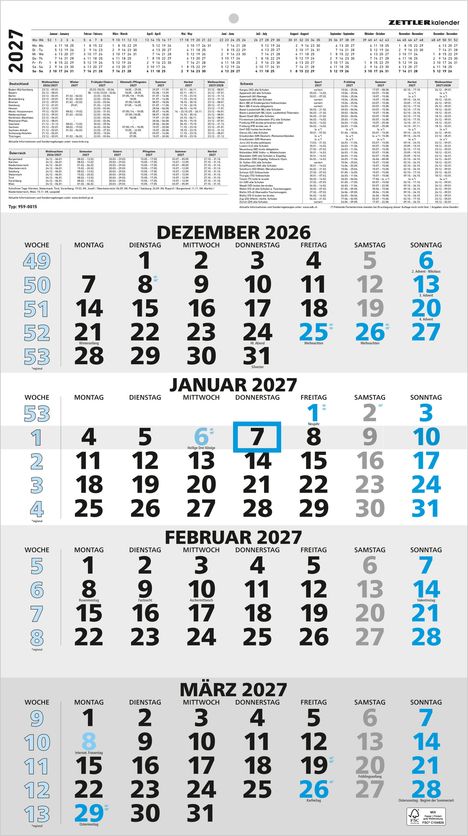 Kalender für Dezember 2026 bis März 2027. Feiertage: Weihnachten, Silvester, Heilige Drei Könige. Enthält Wochenzahlen.