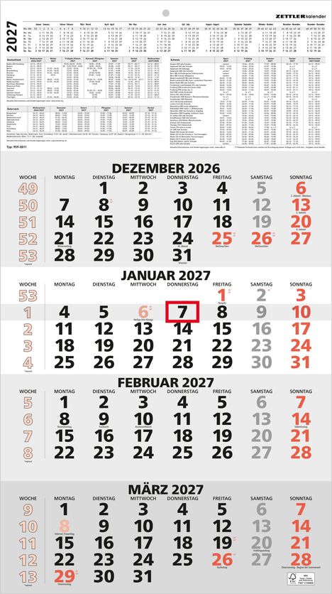Kalender 2027: Wichtige Feiertage auf Deutsch. Januar 2027, der 7. ist markiert. Monatsübersichten von Dezember 2026 bis März 2027.