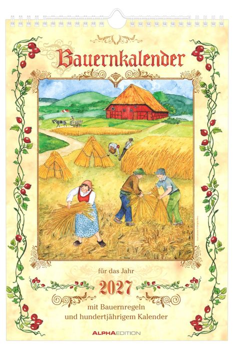 „Bauernkalender 2027“; Illustration mit Bauern bei der Ernte, umgeben von Dekor mit roten Beeren.
