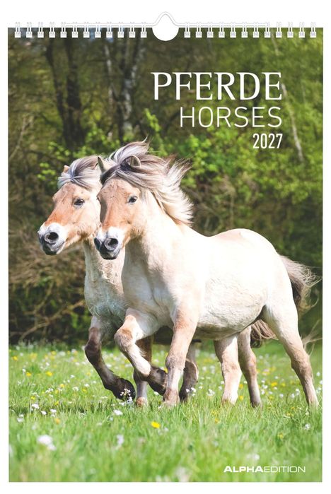 Text: "PFERDE HORSES 2027". Zwei Pferde galoppieren durch eine grüne Wiese, im Hintergrund Wald.