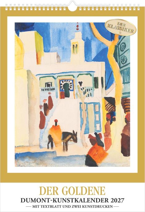 "DER GOLDENE DUMONT-KUNSTKALENDER 2027", abstrakte Illustration mit lebhaften Farben und Figuren vor einem Gebäude.