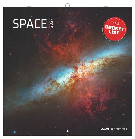 Text: "SPACE 2027" und "PLUS BUCKET LIST" in einem Kreis. Farbenfrohe Weltraumdarstellung einer Galaxie.