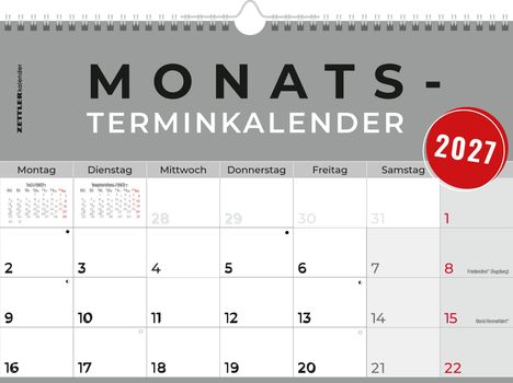 "Monatsterminkalender" oben. Datum für August 2027 mit Feiertagen: Friedensfest (8.), Maria Himmelfahrt (15.).