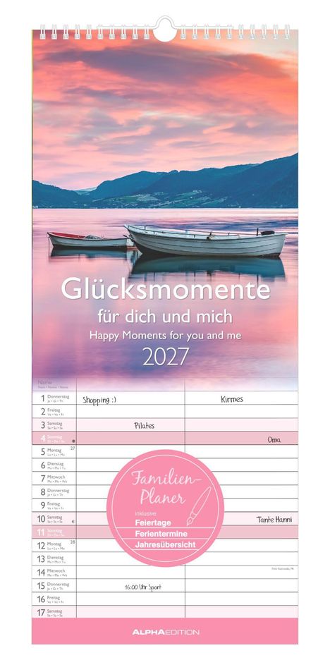 „Glücksmomente für dich und mich, Happy Moments for you and me 2027“. Zwei Boote auf einem See bei Sonnenuntergang.