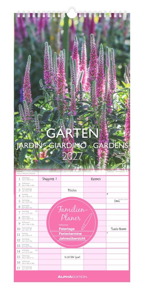 "GÄRTEN 2027", "Familien Planer", bunte lila Blüten, grünes Laub, Monatskalender mit Terminen.