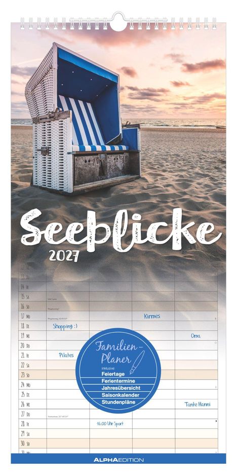 „Seeblicke 2027“, Familien-Planer. Oben ein Strandkorb am Meer bei Sonnenuntergang. Darunter ein Kalenderlayout.