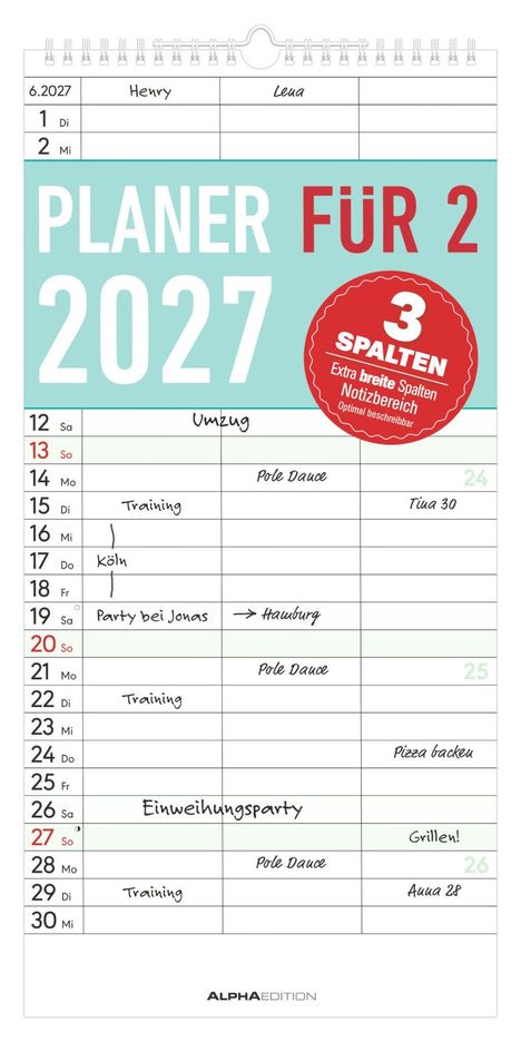 PLANER FÜR 2 2027, 3 SPALTEN. Kalenderblatt für Juni mit Terminen wie Umzug, Party, Pole Dance.