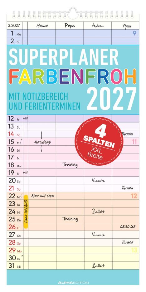 Kalenderblatt für März 2027. Titel: "Superplaner Farbenfroh 2027". Details zu Terminen und Notizen. Enthält 4 Spalten.
