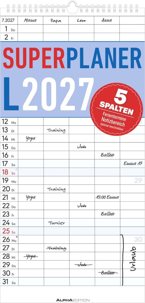 Kalenderblatt für Juli 2027 mit 5 Spalten für Mitglieder mit Terminen wie Yoga, Training und Judo. Großes "SUPERPLANER 2027" Logo.