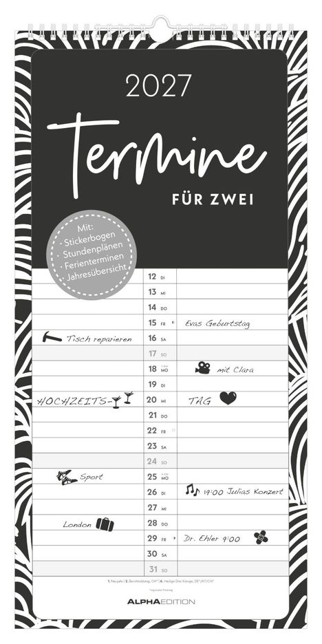 2027, Termine für Zwei. Mit: Stickerbogen, Stundenplänen, Ferienterminen, Jahresübersicht. Kalender mit schwarzen Mustern.