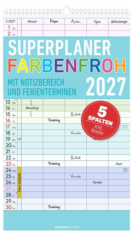 Text oben: "Mamma, Papa, Äyleen, Fyuu, Geburtstage"  
Mitte: "SUPERPLANER FARBENFROH 2027"  
Unten: Kalender mit Terminen.