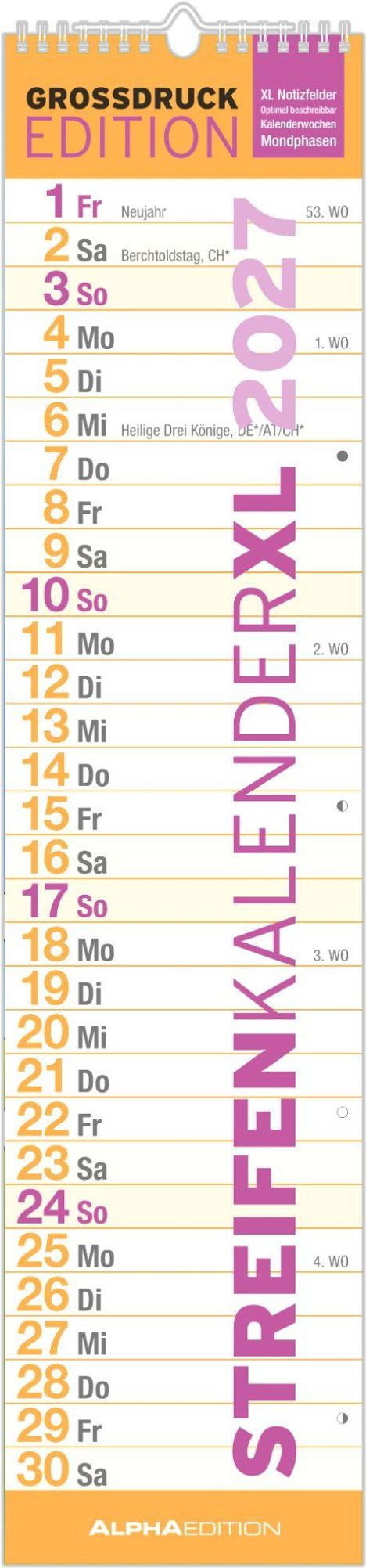 "STREIFENKALENDER 2021", Großdruckkalender mit XL Notizfeldern. Kalenderwochen und Feiertage sind markiert.