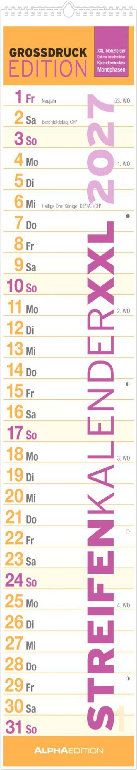 Streifenkalender XXL 2021. Großdruck, Edition, ALPHA EDITION. Samstag, 1. Januar, Neujahr. Sonntag, 2. Januar, Berchtoldstag.