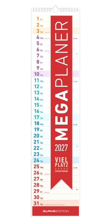 MEGAPLANER 2027, viel Platz Ferien­termine. Kalender mit Wochentagen und Feiertagen wie Tag der Deutschen Einheit.