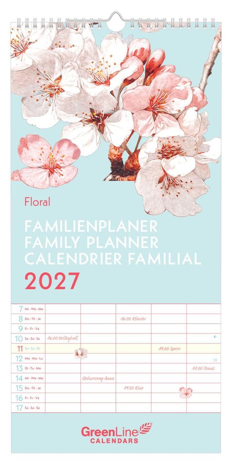 "Floral Familienplaner 2027" steht in großen Buchstaben. Darunter ist eine Illustration von Kirschblüten auf hellblauem Hintergrund.