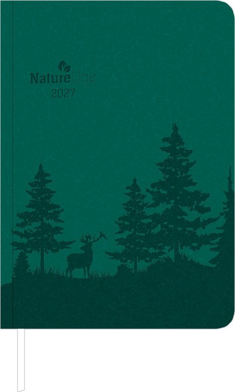 Text: "NatureLine 2027". Darstellung eines Waldes mit einem Hirsch vor Nadelbäumen im Schattenriss-Stil.