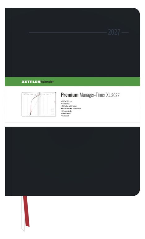 "2027", Logo: "ZETTLER kalender", "Premium Manager-Timer XL 2027", schwarzes Cover, grüne und weiße Banderole.
