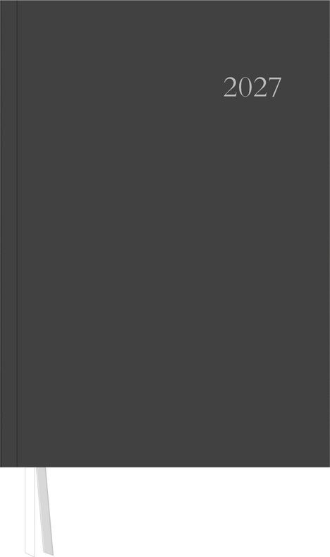 Text: "2027". Ein schwarzes Buch mit einem weißen Leseband unten.