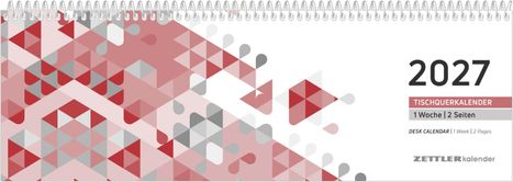 2027 Tischquerkalender, 1 Woche | 2 Seiten. Bunte, geometrische Muster links, Spiralbindung oben.