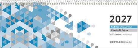 2027 Tischquerkalender, 1 Woche | 2 Seiten. Blau-graues geometrisches Muster links, Spiralbindung oben.