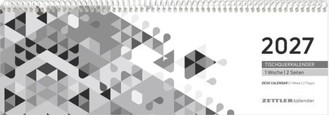 2027 Tischquerkalender, 1 Woche | 2 Seiten. Graue, geometrische Muster links, Spiralbindung oben.