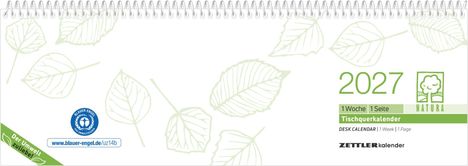 "2027", "1 Woche 1 Seite", "Tischquerkalender", "www.blauer-engel.de/uz14b". Blätter und Logo mit Baum.