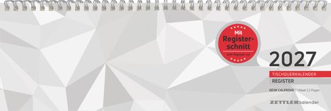 Text: "Mit Registerschnitt", "2027", "Tischquerkalender", "Register", "Zettler Kalender". Stilisiert durch ein geometrisches Muster.