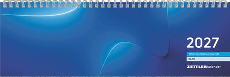 2027, TISCHQUERKALENDER, BLAU. Ein blauer Kalender mit Spiralbindung oben und geschwungenen Linien.