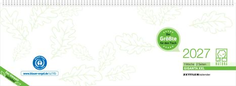 "Der Größte für den Tisch", "2027", "1 Woche 2 Seiten", "GIGANTA XXL", "Der Umwelt zuliebe!", grüne Eichenblätter, Logos.