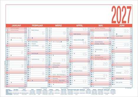 Kalender für das Jahr 2027 von Januar bis Juni. Feiertage wie Neujahr und Ostern sind markiert. Enthält bundesweite Feiertage.