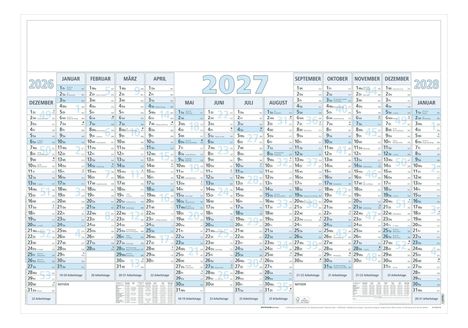 Kalender mit Monaten von Januar bis Dezember 2027. Wochenenden sind blau markiert, Arbeitstage nummeriert.