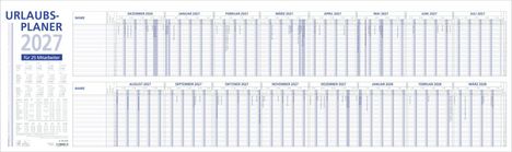 "URLAUBSPLANER 2027 für 25 Mitarbeiter"; Tabelle von Dezember 2026 bis März 2028 mit Namen und Spalten.