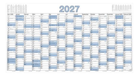 Kalender für das Jahr 2027 mit Monaten in Spalten. Feiertage und Wochenenden blau hervorgehoben.