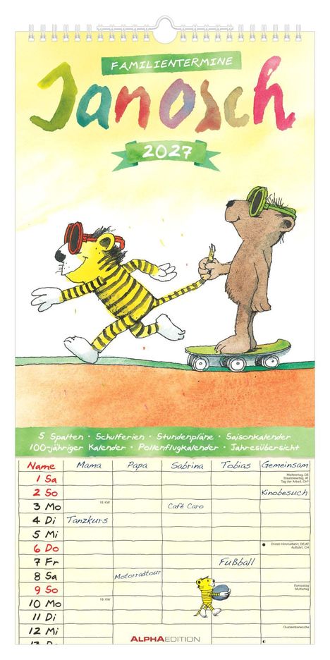 Familientermine Janosch 2027 oben, Kalender mit Tage und Aktivitäten, Illustration mit Tiger und Bär, bunte Farben.