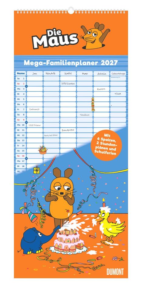 „Die Maus“, „Mega-Familienplaner 2027“. Illustration: Maus, Ente, Elefant feiern um eine Torte.