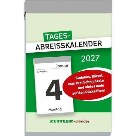 Ein Kalenderblatt für den 4. Januar 2027. "Tages-Abreißkalender", "Sudokus, Rätsel und mehr", "Zettler Kalender".