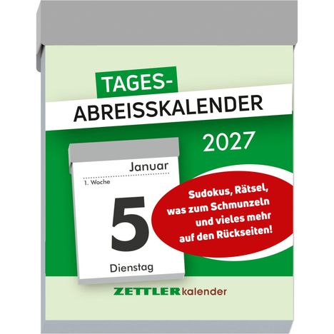 "TAGES-ABREISSKALENDER 2027, Januar, 5, Dienstag. Sudokus, Rätsel auf Rückseiten! ZETTLER kalender." In Kalenderoptik.