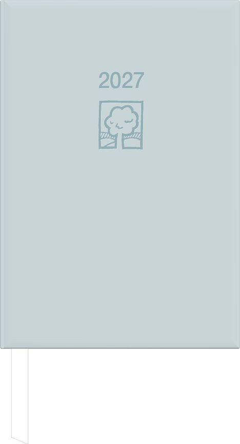 Text "2027". Illustration eines Baumes in einem Quadrat. Pastellblaue Abdeckung.