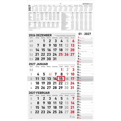 Kalender für 2027, zeigt Dezember 2026 bis Februar 2027, hervorgehobenes Datum: 15. Januar. Feiertage und Wochen sind markiert.