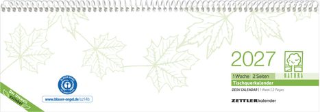 2027, 1 Woche 2 Seiten, Tischquerkalender. Blätter als Hintergrund, grünes Logo mit Baum.