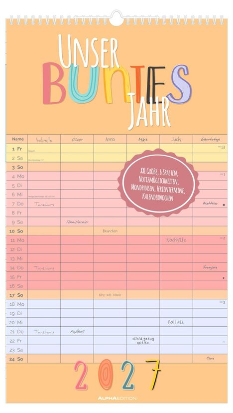 „UNSER BUNTES JAHR“ gefolgt von einem Kalender mit sechs Spalten für Namen und Terminenotizen. Datum unten: 2027.