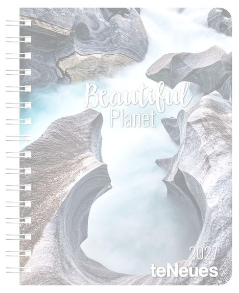 "Beautiful Planet" oben, "2027" und "teNeues" unten. Dahinter fließendes Wasser zwischen glatten Felsen.